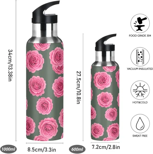 Vista 2 de Vibrant Pink Roses Stainless Steel Vacuum Insulated Water Bottle 20 Oz Leakproof Water Bottles, BPA-Free Sport Water Bottle