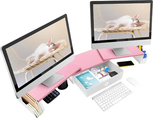 Vista 7 de Soporte elevador de monitor doble con cajón y pata de metal, estante de escritorio grande para 2 monitores con longitud y ángulo ajustables