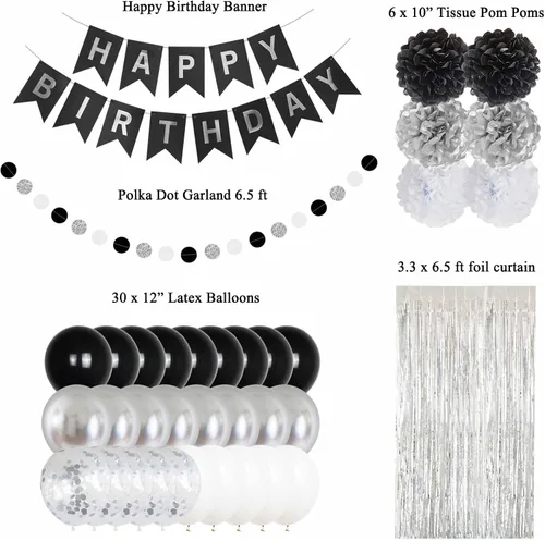 Vista 3 de ANSOMO Decoraciones de fiesta de cumpleaños negro y plateado, globos para mujeres, hombres, niños, niñas, él, 13, 15, 16, 18, 20, 21, 25, 30, 35
