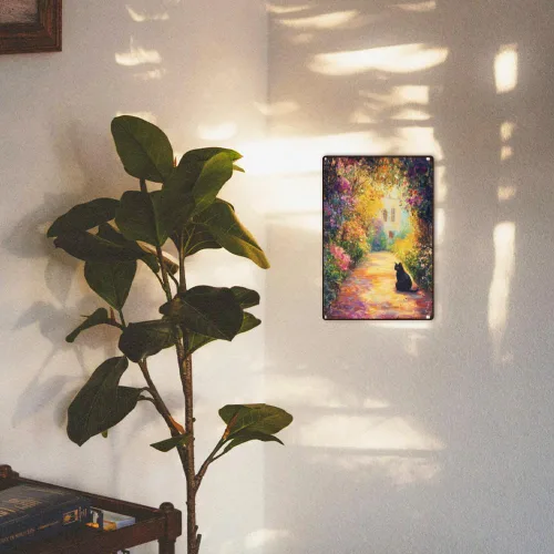 Vista 7 de Cartel de metal retro para decoración de pared con diseño de gato negro y jardín, 8 x 12 pulgadas, pintura al óleo de primavera, póster artístico