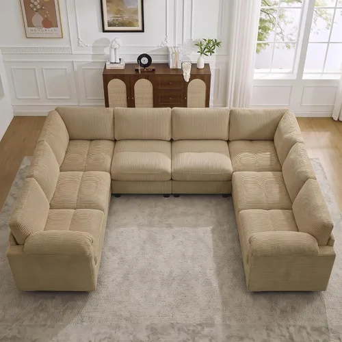 Vista 52 de Sofá modular de 61 pulgadas con otomana, asiento extra profundo para sala de estar, sofá de asiento profundo de pana con almohadas para Beige