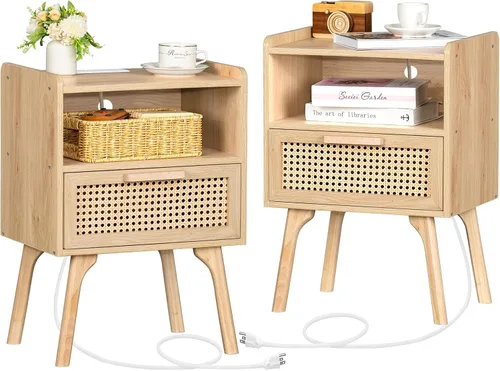 Vista 22 de Lerliuo Rattan Nightstand with Charging Station, Boho Night Stand Natural