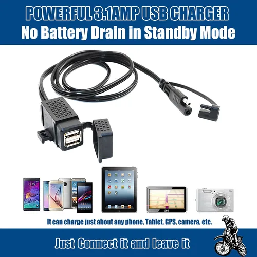 Vista 4 de MOTOPOWER MP0609C - Kit de cargador doble USB impermeable para motocicleta de 3,1 A, adaptador SAE a USB, cable para teléfono, tableta