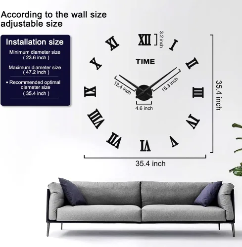 Vista 7 de Kit de reloj de pared grande para bricolaje, reloj de pared moderno 3D sin marco con calcomanías de número de espejo para decoración del hogar, sala