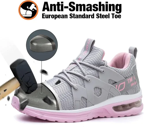 Vista 2 de Kezhiho Zapatos de punta de acero para mujer, con amortiguación de aire, ligeros, cómodos, transpirables, a prueba de pinchazos, antideslizantes