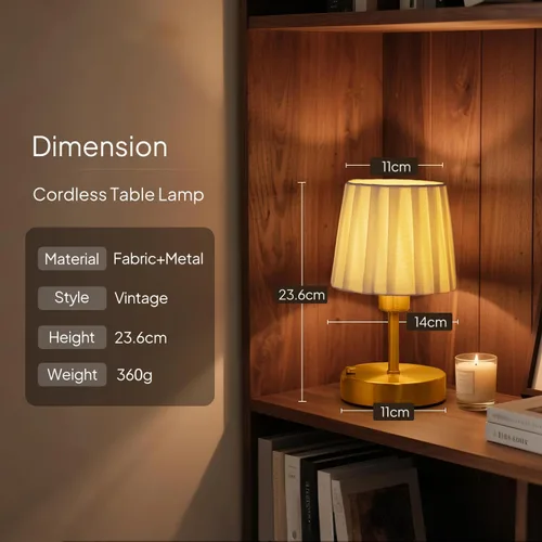 Vista 6 de Lámpara de mesa inalámb recargable EppieBasic: carga rápida, larga duración, luz cálida de 2700 K, diseño plisado negro vintage para sala de estar