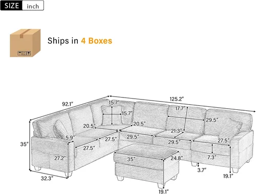Vista 2 de Sofá modular de 125.2 pulgadas, sofá tapizado en forma de U con otomana móvil y bolsillos laterales de almacenamiento para sala de estar, color negro