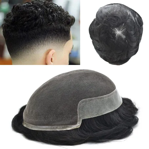 Vista 18 de Tupé de encaje suizo para hombres, piezas de cabello humano real, encaje frontal, sistema de reemplazo de cabello tipo tupé, nudo blanqueado, línea