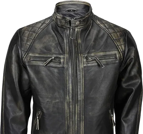 Vista 3 de Chaqueta de cuero vintage con hombros acolchados, estilo retro, clásico, con diamantes desgastados, para motocicleta, Cafe Racer
