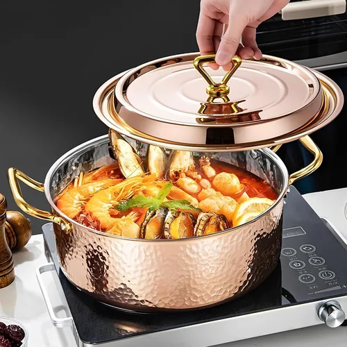 Vista 6 de YJX olla de 4.2QT con tapa martilleada, oro rosa de cobre, acero inoxidable tricapa, utensilio de cocina multifuncional para hornear, asar, guisar