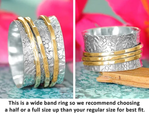 Vista 3 de Boho-Magic Anillo giratorio de plata de ley 925 con flores para mujer con 3 anillos antiestrés de latón de banda ancha