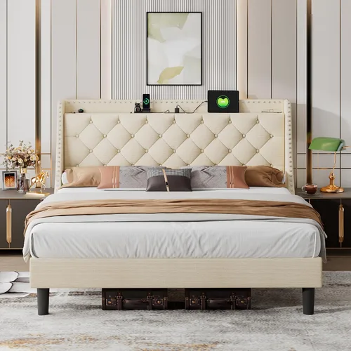 Vista 15 de iPormis Marco de cama matrimonial con respaldo cómodo de 16 pulgadas y estación de carga, cama plataforma tapizada con cabecera de almacenamiento