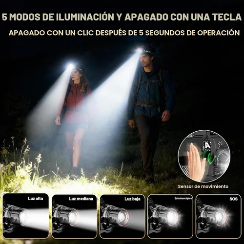 Vista 3 de ATDOALL Linterna frontal LED superbrillante, lámpara de cabeza recargable de alto lúmenes con sensor de movimiento, 5 modos, IPX5 impermeable, 90° 1