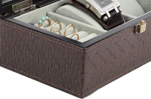 Vista 4 de Caja de reloj de cuero con patrón de cuadros ejecutivo y estuche de eslabones y organizador de almacenamiento de anillos para hombre, joyero