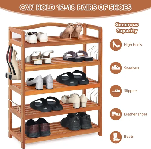Vista 7 de Giantex Zapatero de 5 niveles, estante de madera de acacia con ganchos laterales de metal, capacidad para 12-18 pares, organizador de zapatos