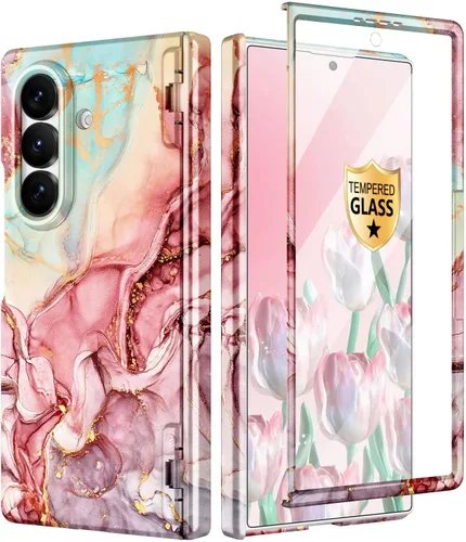 Vista 50 de Btscase Funda para Samsung Galaxy Z Fold 5, protector de pantalla frontal integrado, patrón de mármol dorado con purpurina de policarbonato duro