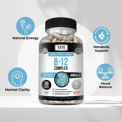 Vista 4 de Kaya Naturals Complejo B-12 Suplemento multivitamínico para mujeres y hombres potenciador de energía y metabolismo Vitamina del complejo B