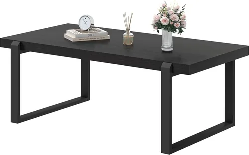 Vista 8 de EXCEFUR - Mesa de café moderna negra, mesa de centro industrial de madera y metal para sala de estar, mesa de té y cóctel rectangular, roble negro