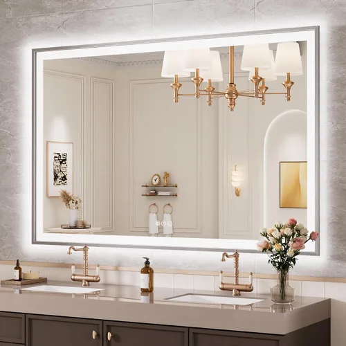 Vista 16 de Espejo de baño LED de 24x28 pulgadas con marco negro, espejos de baño retroiluminados y con luz frontal para pared, antiempañamiento, regulable