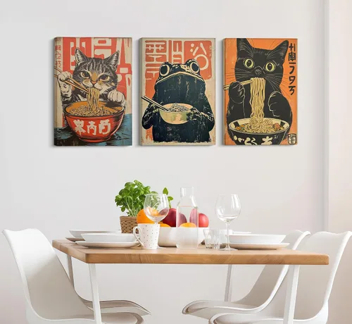 Vista 5 de 3 piezas de arte de pared de lienzo de gatos negros japoneses comiendo ramen Arte divertido de gatos y ranas Pintura de imagen de pared Decoración