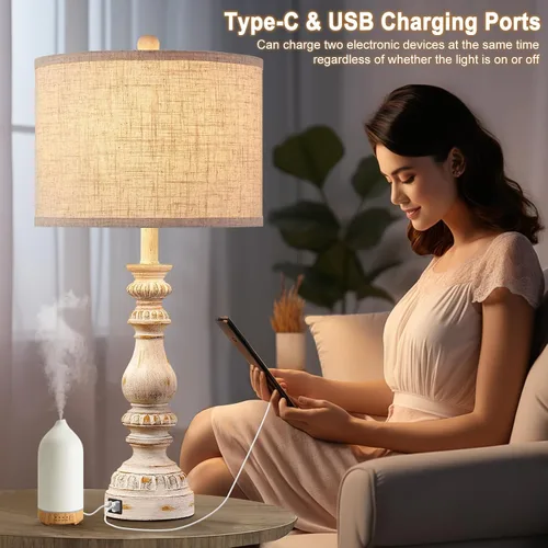Vista 4 de Juego de 2 Lámparas de Mesita de Noche Estilo Granja para Dormitorio con Puertos USB A+C, Lámparas de Mesa Rústicas Vintage de 28" para Sala