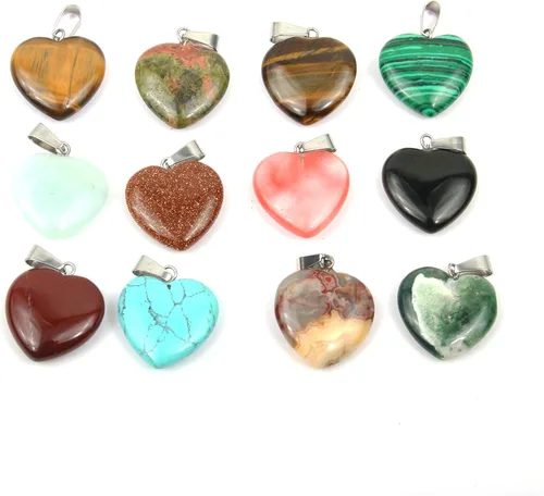 Vista 7 de LE SKY 20 piezas de dijes de piedra natural en forma de corazón, dijes de piedra curativa para hacer joyas