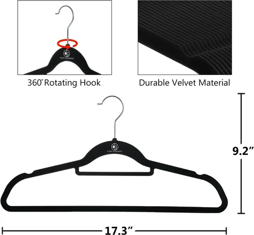 Vista 5 de Perchas de terciopelo negro, ultra delgadas que ahorran espacio, muescas, barra de corbata, gancho giratorio, paquete de 30, con 20 clips