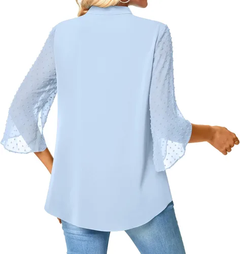 Vista 5 de Anyhold Blusa de gasa elegante de verano para mujer, cuello en V, manga pétalo, holgada, casual, lindas camisas para el trabajo