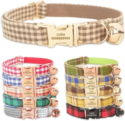 Vista 7 de PETDURO Collares de gato a cuadros personalizados hechos a mano con campana y hebilla de metal grabada con nombre personalizado para gatos lindos