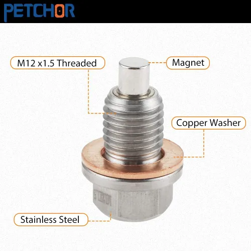 Vista 2 de Tapón magnético de drenaje de aceite de acero inoxidable M12 x 1.5, bandeja del motor con arandela de cobre e imán de neodimio, compatible