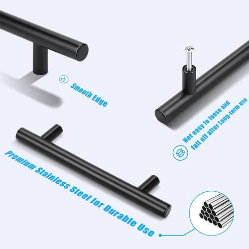 Vista 2 de Tiradores de gabinete de acero inoxidable con acabado negro moderno estilo euro redondo barra en T, cocina gabinete manijas cajones pomos - paquete