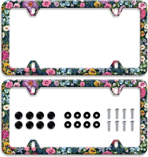 Vista 19 de Marco de matrícula de flores coloridas, bonito accesorio floral para automóvil, de acero inoxidable, personalizable, hermosa placa de matrícula