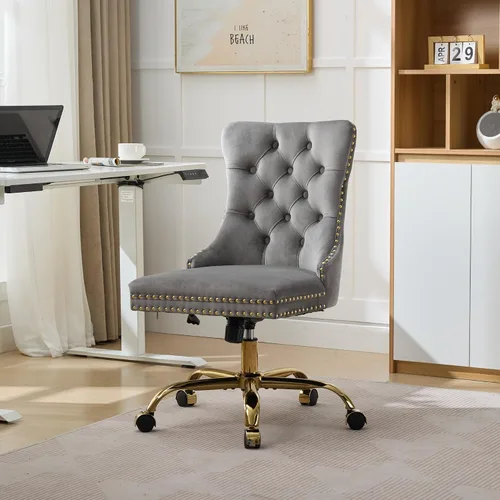 Vista 9 de SSLine Elegante silla de escritorio de terciopelo para niñas y mujeres, silla giratoria copetuda para computadora de oficina con ruedas, moderna
