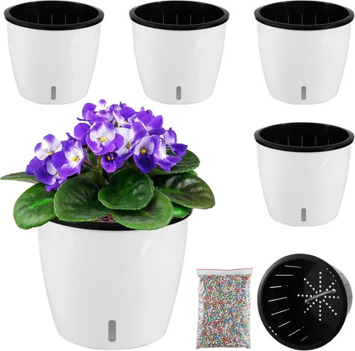 Vista 11 de Planterhoma Macetas de riego automático de 5 pulgadas para plantas de interior, 6 paquetes de macetas de violeta africana con indicador, maceta