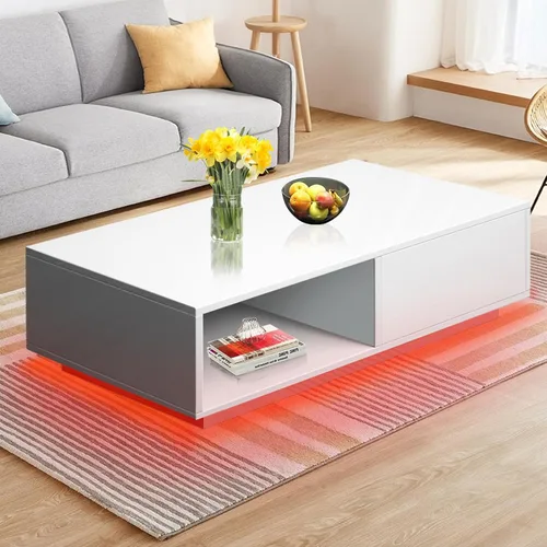 Vista 9 de COSVALVE Mesa de centro LED blanca brillante con 16 luces de colores, mesa auxiliar para sala de estar, moderna mesa de sofá brillante con cajón