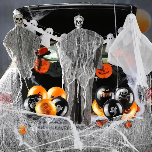 Vista 3 de Leyndo Kit de 117 piezas de decoración de Halloween para tronco o automóvil con fantasma de esqueleto colgante, fantasma de tela, guirnaldas