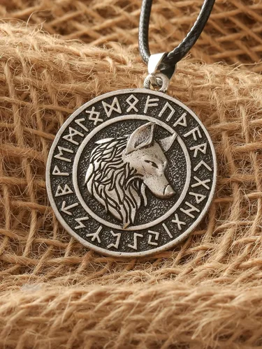 Vista 4 de HAQUIL Viking Wolf Necklace, Ancient Runes Medallion with Fenrir Wolf Head Pendant, Viking Jewelry Gift