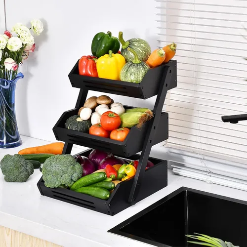 Vista 4 de VIKEYHOME Cesta de frutas, cuenco de frutas de bambú de 3 niveles para cocina, soporte de almacenamiento de frutas y verduras, organizador