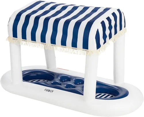 Vista 7 de FUNBOY Estación de bebidas flotante gigante con diseño de cabana de rayas verdes, con toldo de tela removible con flecos, perfecta para fiestas