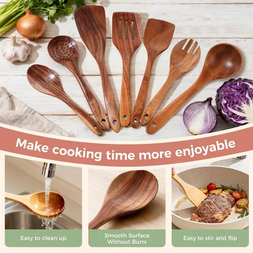 Vista 7 de Cucharas de Madera para Cocinar - Juego de 7 Piezas de Utensilios de Cocina de Madera, Juego de Utensilios de Madera de Teca Natural Suave