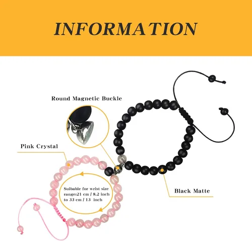 Vista 2 de 2 pulseras magnéticas para parejas, piedra natural negra mate, cristal para votos de amor eterno, juego de pulseras de cuentas de piedra de energía