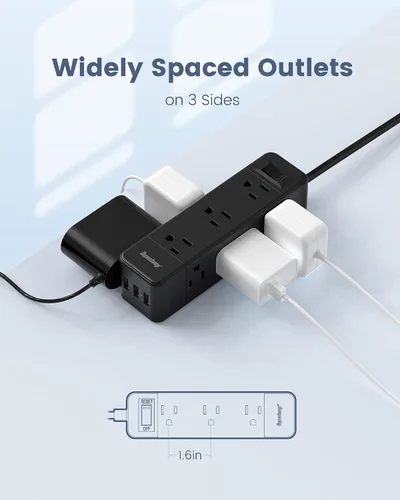 Vista 4 de Regleta protectora contra sobretensiones, 9 tomas de corriente ampliamente espaciadas con 3 puertos USB, extensor de 3 salidas laterales con cable