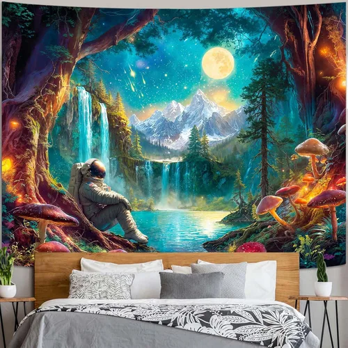Vista 28 de Zussun Tapiz de hongo rojo, tapices de luna y estrella para dormitorio, estética de color beige, noche estrellada, planta verde, tapiz de pared