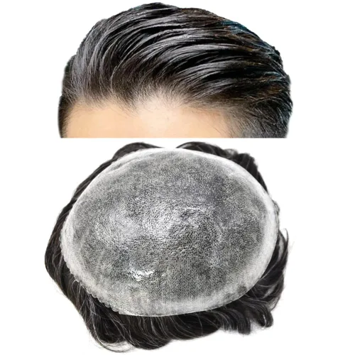 Vista 30 de Toupee para hombres todos inyectados PU sistema de reemplazo de cabello humano para hombres piel fina tupé transparente hombres pieza de pelo