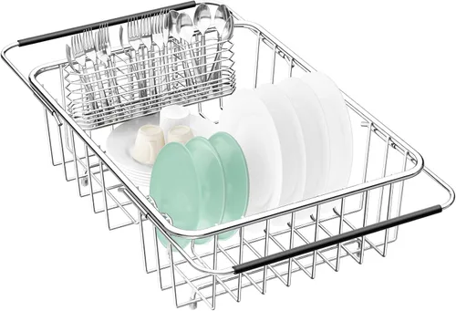 Vista 8 de Fanbsy - Organizador de secado de platos grande para fregadero, ajustable, escurridor de platos ampliable de acero inoxidable 304 con soporte