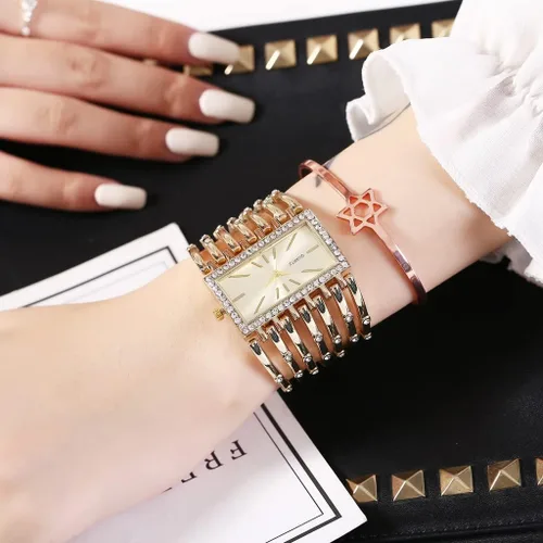 Vista 4 de SENRUD Relojes de pulsera de lujo para mujer con brazalete de puño de moda, dial rectangular analógico de cuarzo, regalos para damas
