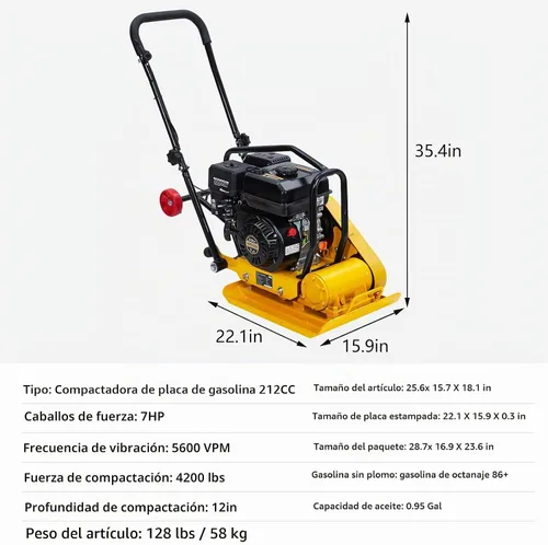 Vista 8 de GarveeHome 7HP Plataforma compactadora de pisón, motor de gas de 212 CC, manipulación vibratoria de compactación de 4200 libras, 22.1 x 15.9