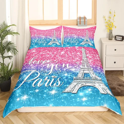Vista 24 de Erosebridal Funda de edredón de la Torre Eiffel para niñas, juego de ropa de cama romántica de París azul, negro y blanco, funda de edredón