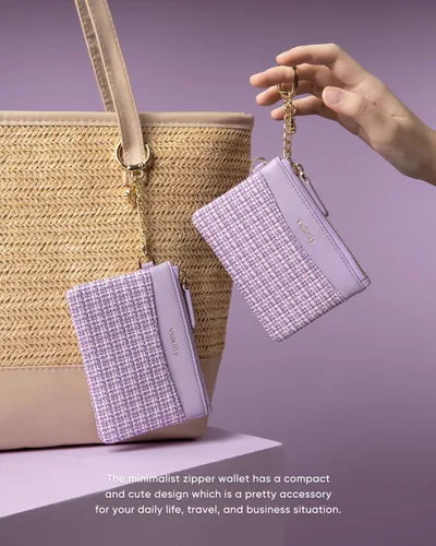 Vista 5 de Monedero delgado con llavero minimalista con cremallera bolsa de cambio billetera Rfid bloqueo tarjeta de crédito cartera, Púrpura, Minimalista