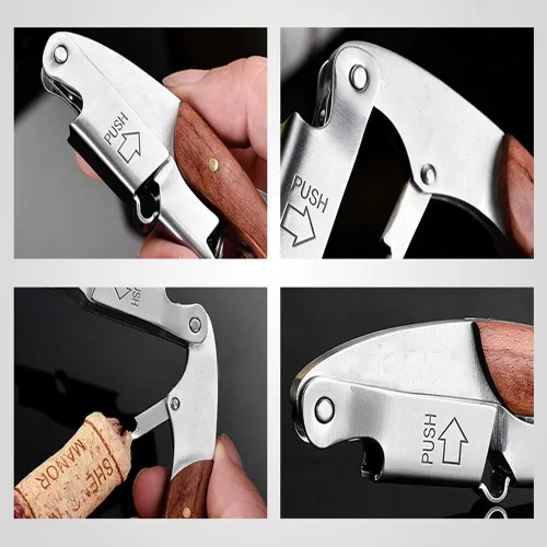 Vista 4 de Sacacorchos profesional para camareros - Juego de 3 llaves de vino para camareros, con mango largo de palisandro mango de acero inoxidable, abridor